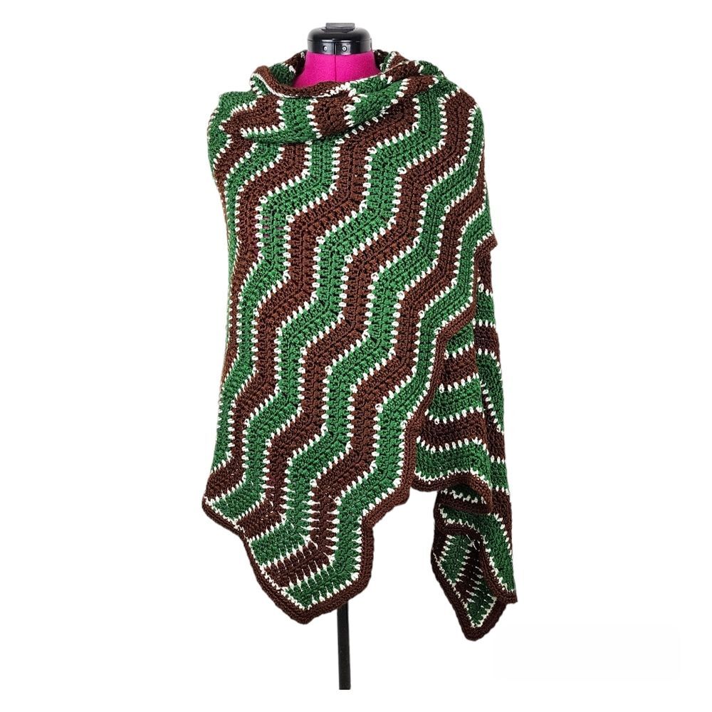 Handmade Crochet Throw Blanket Green Brown White Chevron Zigzag Scalloped Retro - Picture 3 of 16